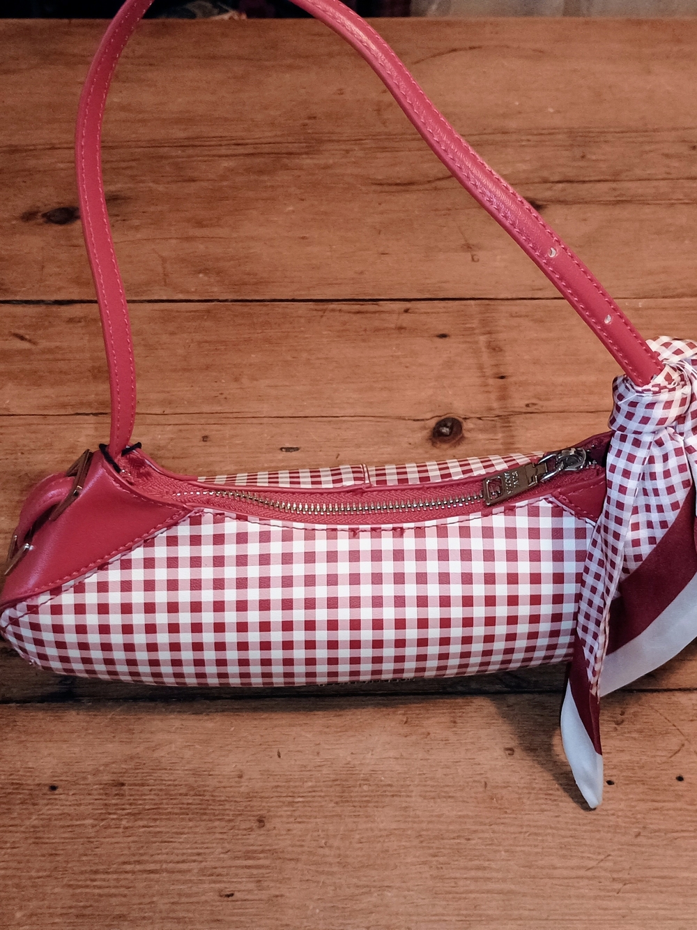 Steve Madden Red Gingham Shoulder Bag with Scarf Accent NWT